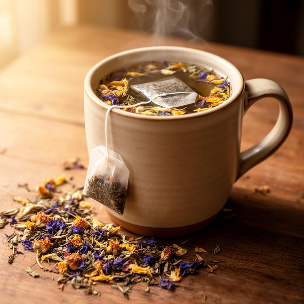 Floral herbal tea steeping in a ceramic mug