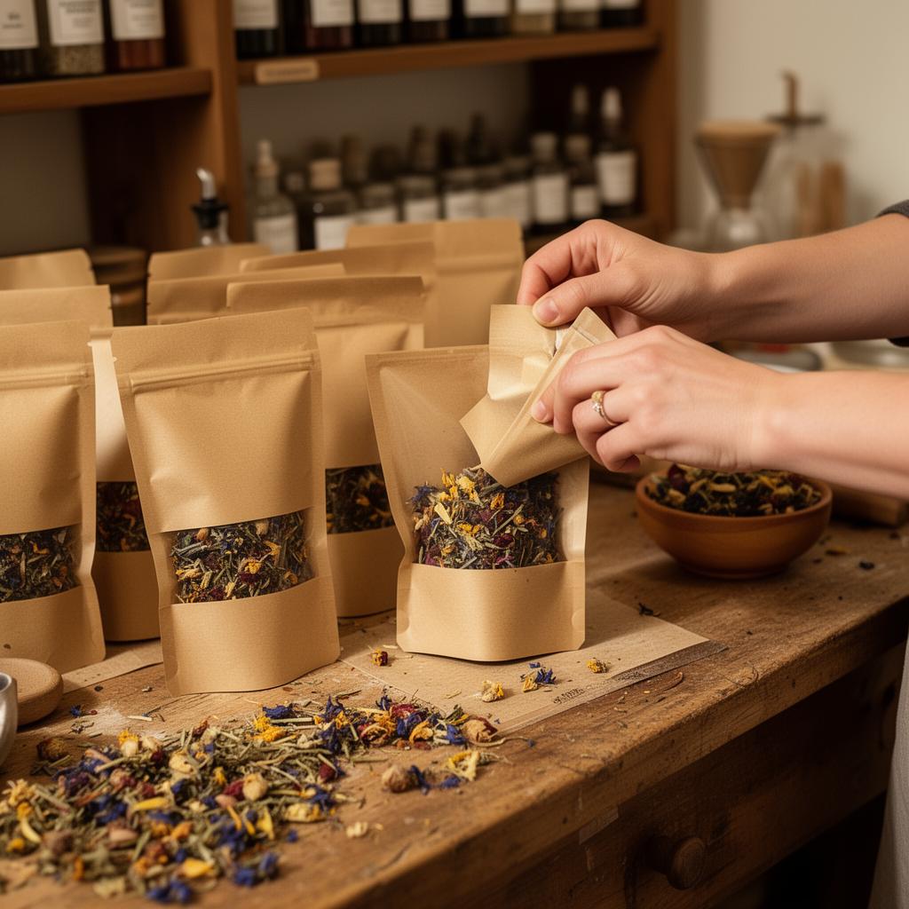 Hands filling kraft pouches with botanical tea blend
