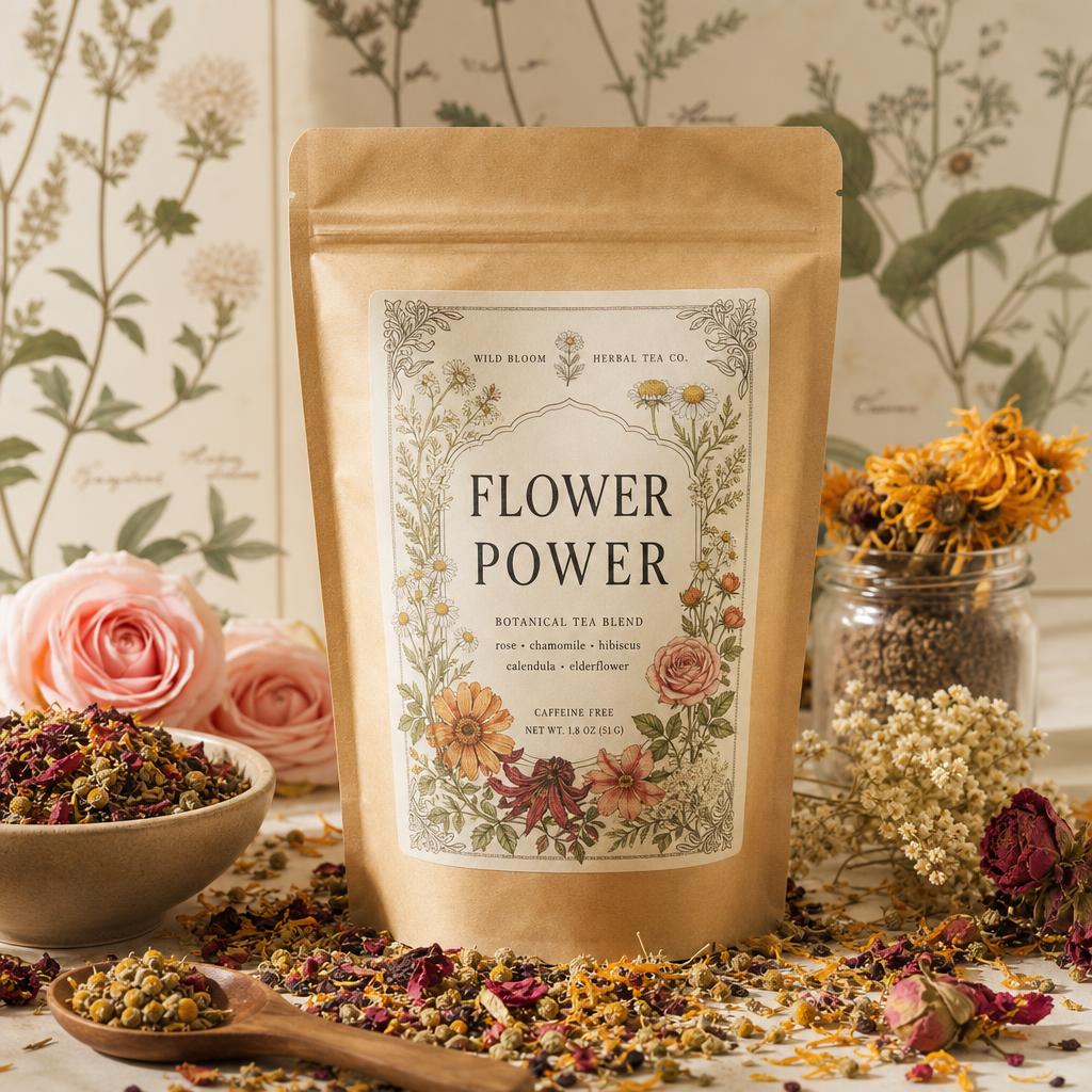 Flower Power kraft pouch surrounded by loose dried flowers