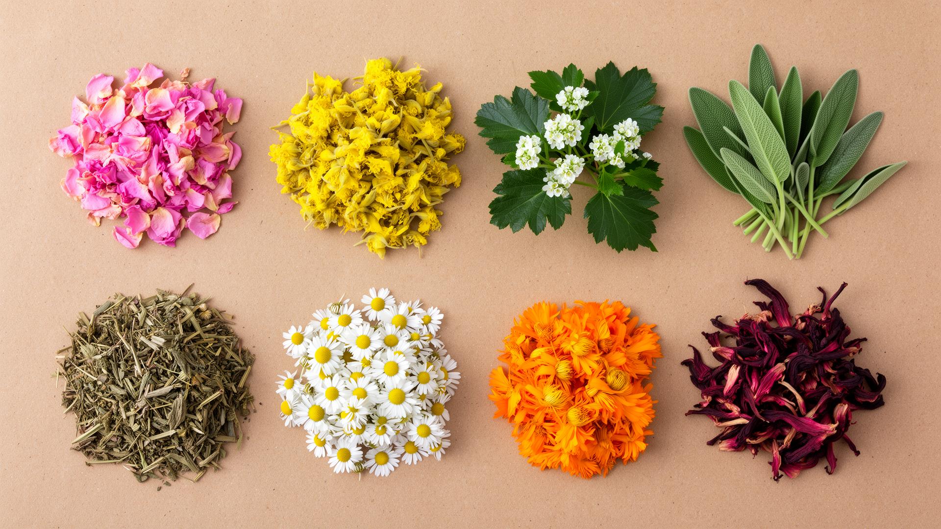 Flat lay of seven botanical ingredients on kraft paper