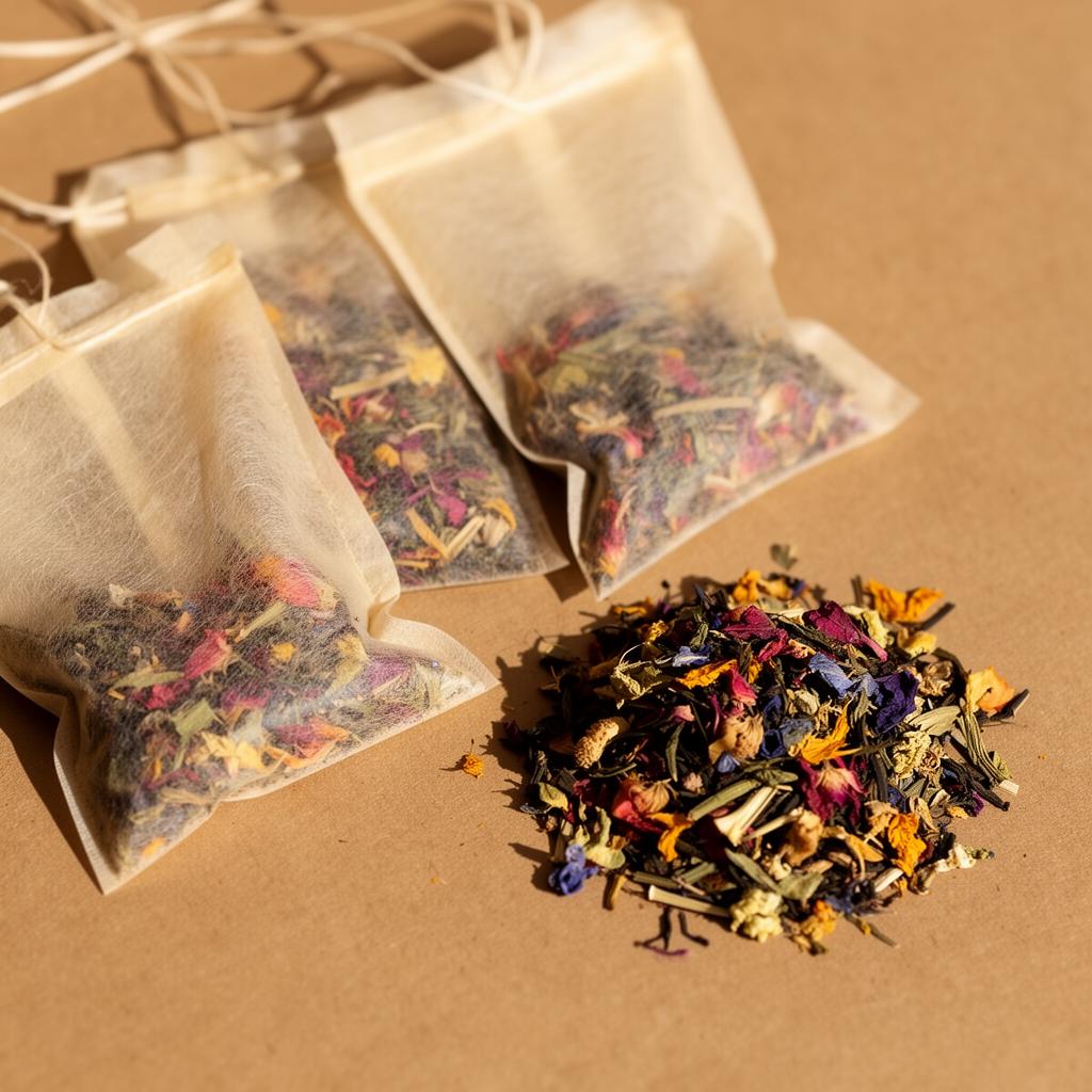 Paper tea sachets filled with the Flower Power blend